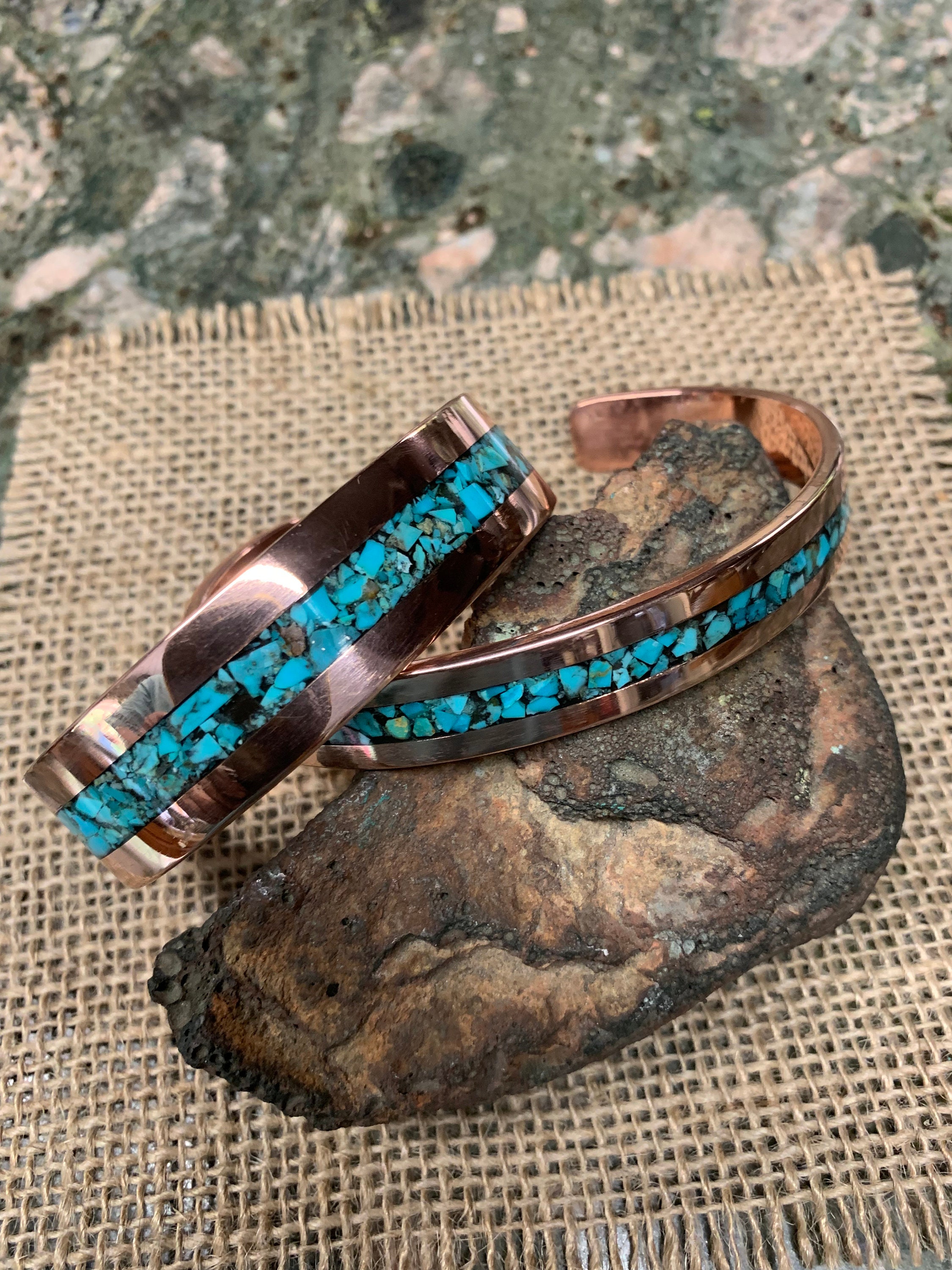 Solid Copper Cuff Bracelet.  3 mm Thickness.   1/2" and 3/4" " Wide.King Man Turquoise Inlay.