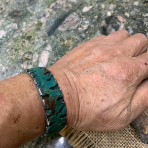 Heavy Melt Stainless cuff Bracelet. 4 X 18mm Thick and Wide. Verdi Green Patina Finished.