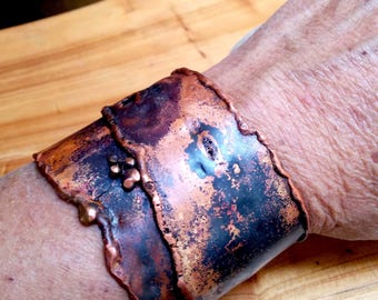Rustic Molten Copper Cuff Bracelet.  2" Wide. Rustic Aged.