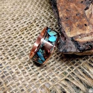 Turquoise Copper Ring Band.  Wedding Band. 7 mm, 10 mm Wide. King man Turquoise and Copper Stone Inlay.