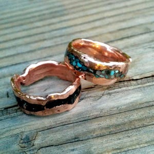 Turquoise Inlay Molten Copper Ring Turquoise, Black Tormaline Inlay.