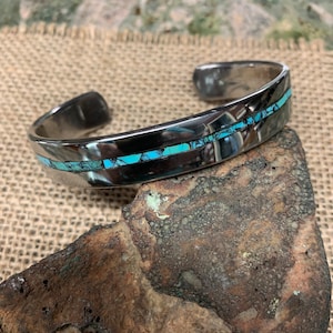 Waved Turquoise Stainless Cuff Bracelet.  Turquoise Inlay.  2.5 mm X 14 mm thick and Wide. Please read all description.