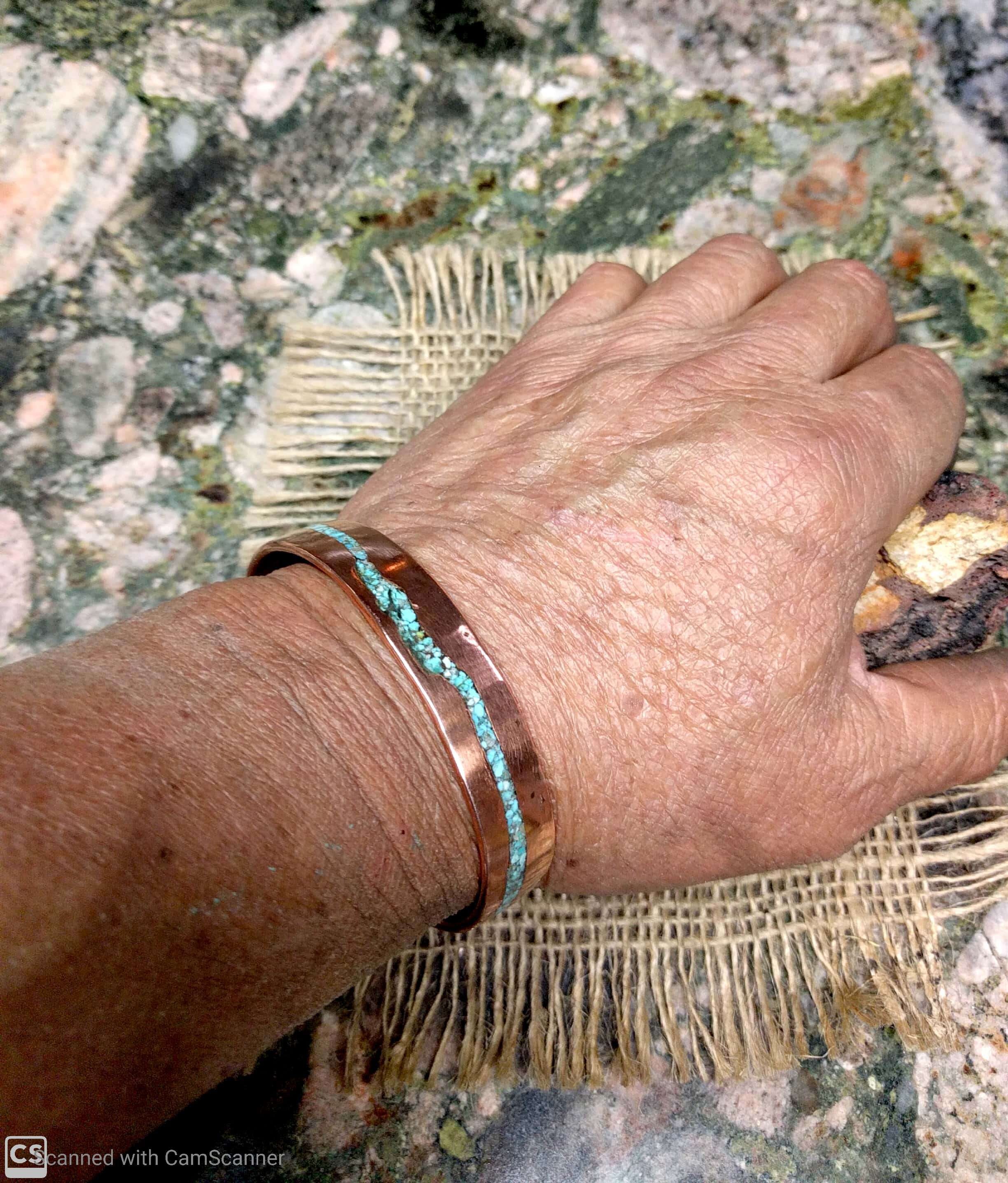Thin Waved Turquoise Copper Cuff Bracelet. 11-12 Mm Wide