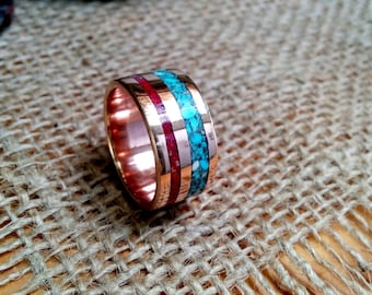 Turquoise Coral Inlay Copper Ring Band.  Copper and Bronze. 2mm Thickness.