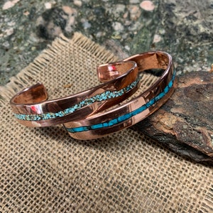 Thin Waved Turquoise Copper Cuff Bracelet.  11-12 mm Wide. 2.5 mm Thickness.