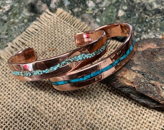 Thin Waved Turquoise Copper Cuff Bracelet.  11-12 mm Wide. 2.5 mm Thickness.