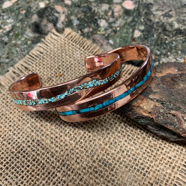 Thin Waved Turquoise Copper Cuff Bracelet.  11-12 mm Wide. 2.5 mm Thickness.