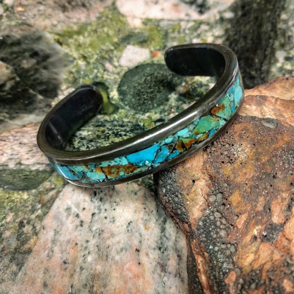 Kingman Turquoise Iron Cuff Bracelet.  4 X 14.5mm Thick and Wide.  Mixed King Man Turquoise Inlay. Please read all the description.