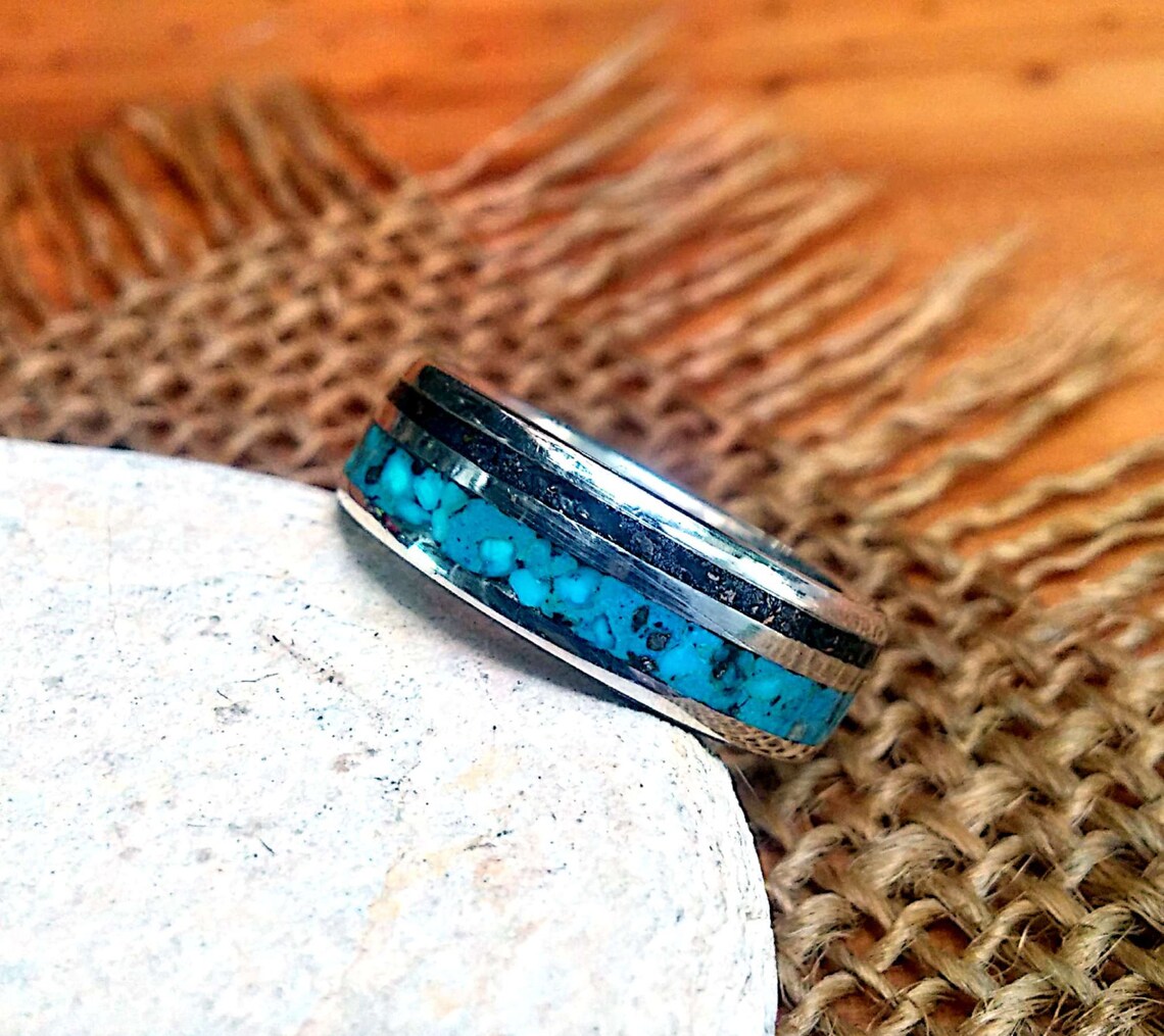 Turquoise Meteorite Inlay Sterling Ring Band. 2mm Thickness. | Etsy