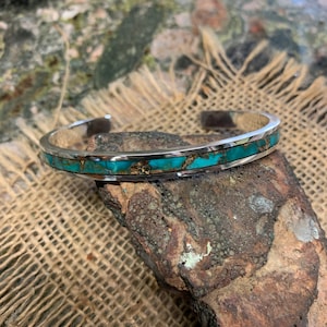 Native American Thicker End Bead Sterling Silver Vintage Turquoise Inlay Bracelet Native American Thicker End Bead Sterling Silver Vintage Turquoise Inlay Bracelet