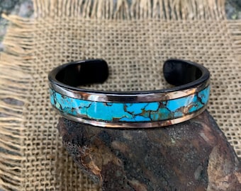 Kingman Turquoise Iron Cuff Bracelet.  4 X 14.5mm Thick and Wide.  Mixed King Man Turquoise Inlay. Please read all the description.