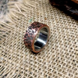 Hammered Copper Stainless Ring Band. Mans Ring. 2.8 mm Thickness. 7, 10, 12 mm Wide Choice.