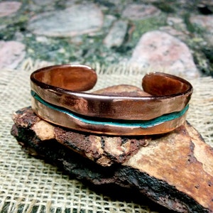 Crackled Copper Cuff Bracelet.  Blue Patina and Polished. 1/2" Wide. 2.8mm Thickness.