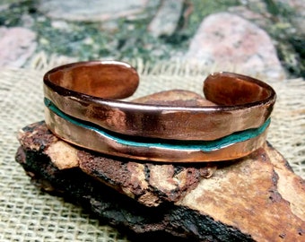 Crackled Copper Cuff Bracelet.  Blue Patina and Polished. 1/2" Wide. 2.8mm Thickness.