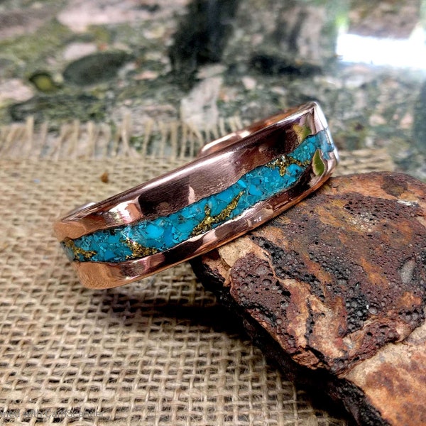Gold Vein King Man Turquoise Copper Cuff Bracelet.  Alaska Gold Nuggets Inlay. 3/4" Wide.