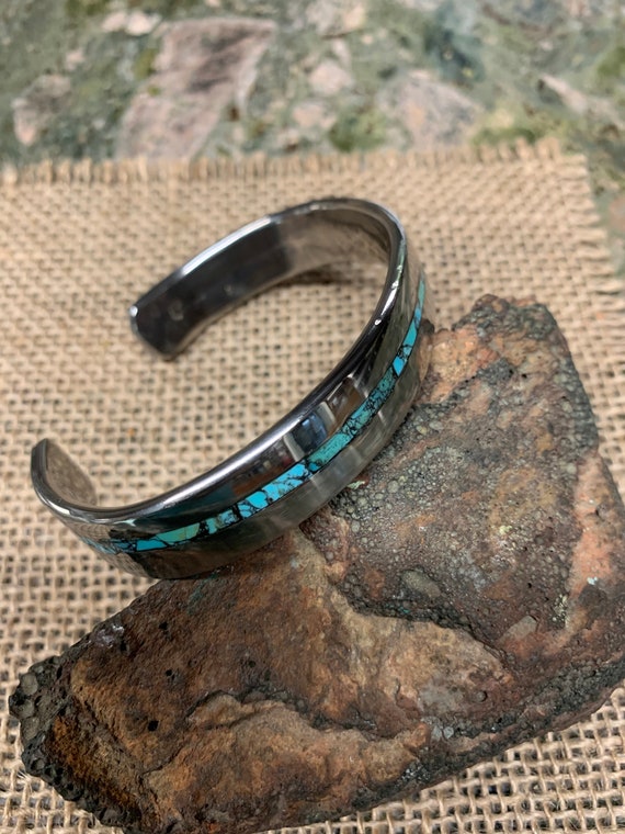Waved Turquoise Stainless Cuff Bracelet. Turquoise Inlay. 2.5 Mm X
