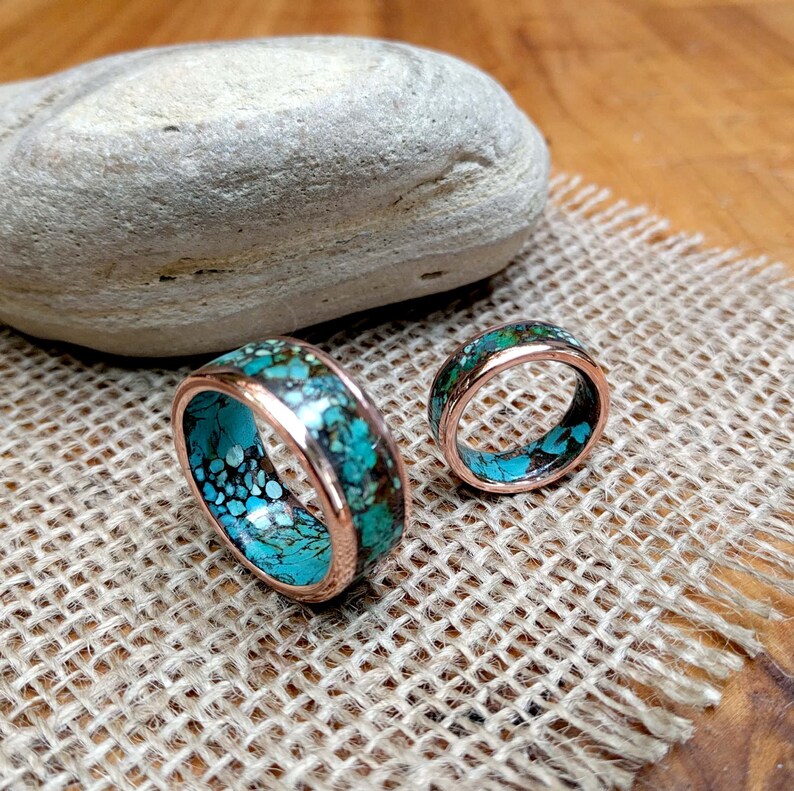 Marbled Turquoise Wedding Band. Copper Bronze Titanium and