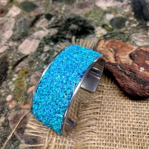 Lab Made Sapphire Opal Aluminum Cuff Bracelet.  3.75 X 30 mm Thick and Wide.