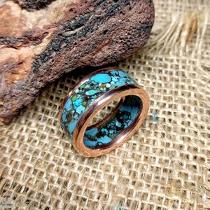 Turquoise Inlay Mens Copper Band.  2.8 mm X 12 mm Thick and Wide.