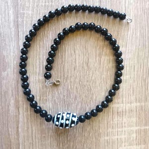Black Beaded Statement Necklace: Bold Glass Bead, White Polka Dots