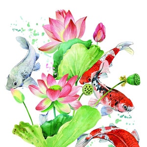 Easy Furniture Transfer - Decor Transfer - Furniture Upcycling - Floral Transfer - Lotus & Red Fish