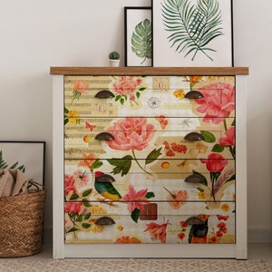 Large Decoupage for Furniture - Vintage Decoupage - Floral Decoupage Paper - Rice Paper - Pink Orange Flowers Exotic Bird