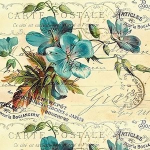 Cartão postal floral - Papel decorativo para decoupage - para móveis - Opções de tamanho grande [ Azul Branco Verde ]