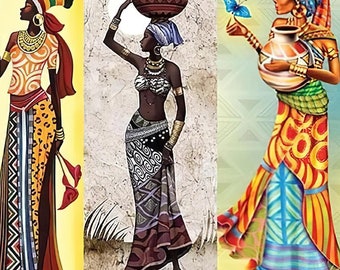 Puede incluir: Un collage digital de seis ilustraciones coloridas de mujeres con ropa tradicional africana. Cada mujer se representa con un accesorio diferente, como un pájaro, una mariposa o una olla. El fondo es una mezcla de amarillo, marrón y blanco.