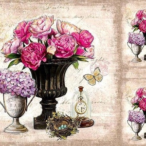 May include: A vintage-style image featuring a bouquet of pink peonies in a black urn, a silver trophy with purple hydrangeas, a bird's nest with blue eggs, and a pocket watch under a glass dome. The background is a beige canvas with faded writing.