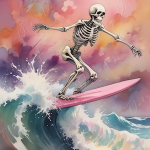 Large Decoupage Paper for Furniture - 6 Size Options - Halloween Collection - Surfer Skeleton