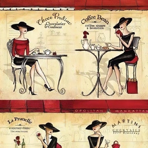 May include: Four illustrations of women in black dresses sitting at cafe tables. The top left illustration features a woman with a red top and a sign that reads "Choco Praline Chocolatier & Confiseur". The top right illustration features a woman reading a book and a sign that reads "Coffee Bean coffee shoppe & Bookstore". The bottom left illustration features a woman holding a glass of wine and a sign that reads "La Prunelle Restaurant Bistro Vin cave et traiteur". The bottom right illustration features a woman holding a martini glass and a sign that reads "Martini Cocktails 3377 Broadway".
