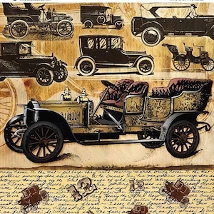 Vintage Cars - Decorative Decoupage Paper - for Furniture - Big Size Options [ Yellow Brown Black ]