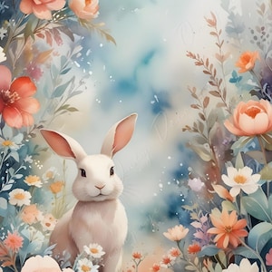 Papel de decoupage grande de cuento de hadas - 6 tamaños - Conejo con flores pastel