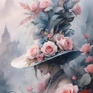 Sombrero floral de cuento de hadas - Papel de decoupage grande - 6 tamaños - Flores rosas