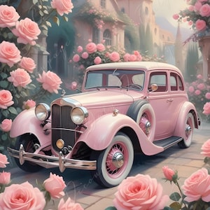 Coche clásico de cuento de hadas - Papel de decoupage grande - 6 tamaños - Rosas rosas - Shabby Chic