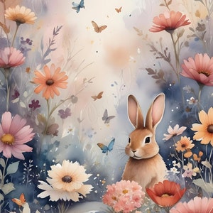 Fairytale - Carta per decoupage grande - 6 opzioni di formato - Coniglio con fiori colorati