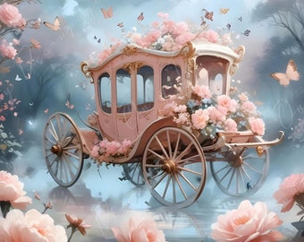 Fairytale Coach - Large Decoupage Paper - 6 Size Options  - Pink Roses - Shabby Chic