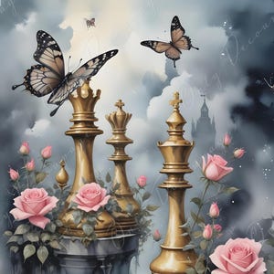 Cuento de hadas - Papel de decoupage grande - 6 tamaños - Mariposa con rosas rosadas - Tablero de ajedrez
