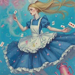 Alicia en el país de las maravillas - Papel para decoupage de muebles - 6 tamaños - Naipes - Maceta rosa - Vestido azul