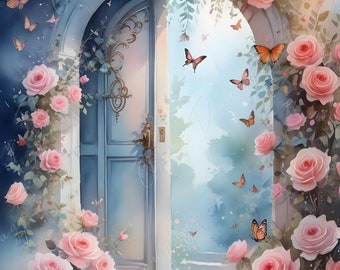 Fairytale Garden Gate - Large Decoupage Paper - 6 Size Options  - Pink Flowers