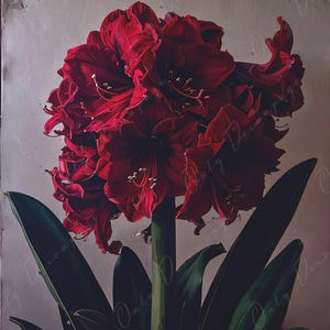 May include: A close-up of a vibrant red amaryllis flower in full bloom. The flower has multiple layers of petals and is surrounded by long, dark green leaves. The image has a vintage, slightly faded aesthetic.