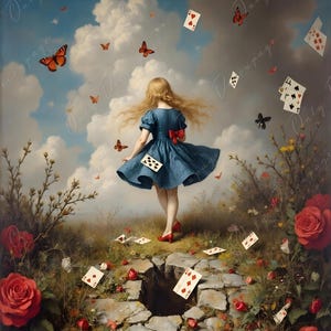 Alice au pays des merveilles - papier de découpage - 6 options de taille - trou de lapin - cartes à jouer - papillons