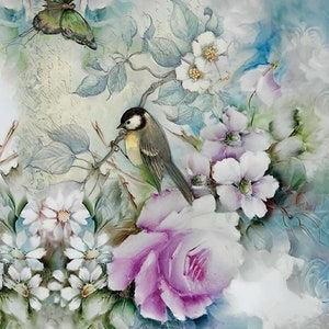 May include: A watercolor painting of a bird perched on a branch with white flowers and a butterfly. The background is a soft blue and white.