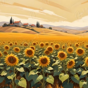 Papel de decoupage de 6 tamaños: Campo de girasoles, Verde amarillo, Papel de arroz, Pueblo, Atardecer