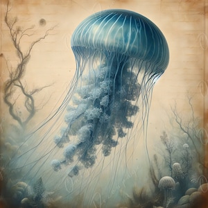 Large Decoupage Paper for Furniture - Blue Jellyfish - Rice Paper - Decoupage Paper - Sea Creatures - Vintage Canvas