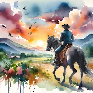 Carta Decoupage Grande per Mobili - Cowboy - Carta di Riso - Carta Decoupage - Cavalcata a Cavallo Nero - Acquerello