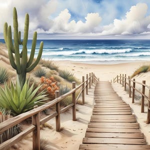 Beach - Large Decoupage Paper - 6 Size Options - Green Cactus - White Clouds