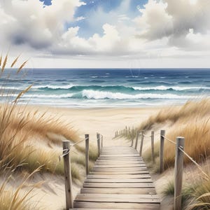 Strand - groot decoupagepapier - 6 formaatopties - groene cactus - witte wolken - blauwe golven