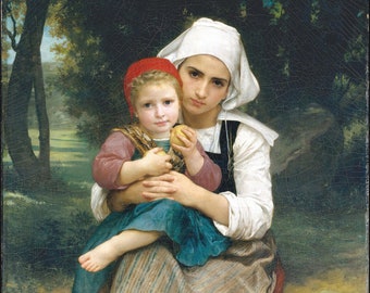 May include: A painting depicts a young woman holding a child. The child wears a red cap and holds a yellow fruit. The woman is dressed in a white blouse, black vest, and a long red skirt. The background shows a blurred landscape with trees.