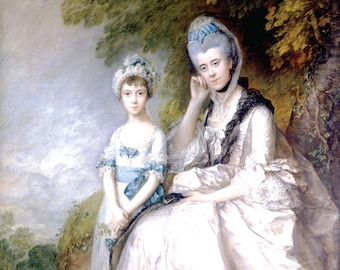 May include: A portrait painting of a woman and a young girl in a landscape setting. The woman is wearing a white dress with a blue sash and a white lace collar. The girl is wearing a white dress with a blue sash and a blue flower crown. The painting is done in a soft, pastel style.